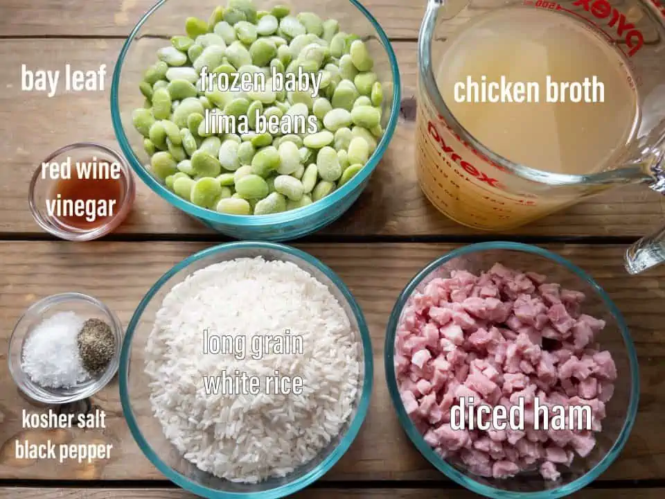 ingredients for ham and baby lima bean rice bake on wood table.