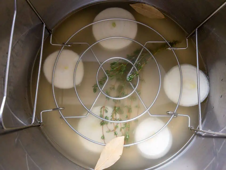 Sliced onion, thyme, bay leaves, and chicken broth topped with a trivet in the bottom of a pressure cooker.