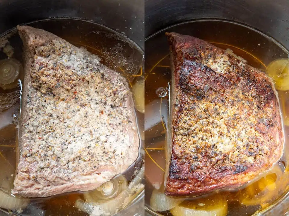 Two shots of fully cooked corned beef brisket before and after crisping up with an air fryer lid.