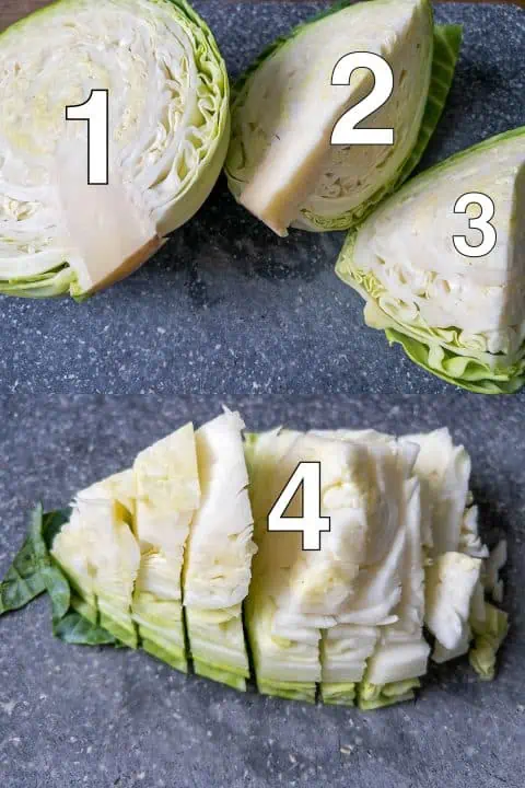 four different stages of prepping a head of cabbage - halved, quartered, core removed, and thinly sliced