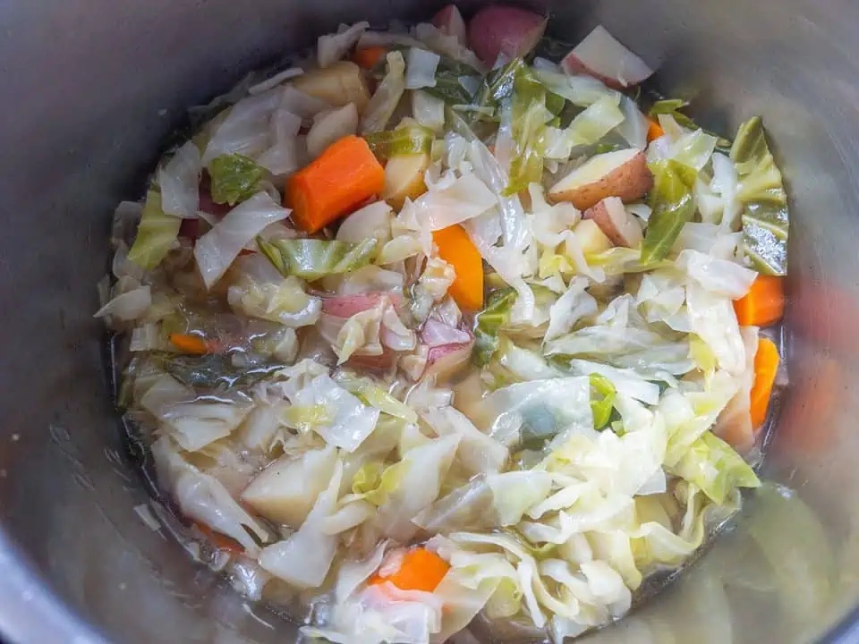 Cooked cabbage, carrots, and potatoes in pressure cooker with broth.