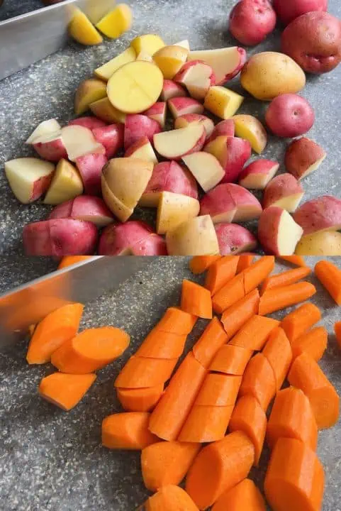 Two different shots of prepping vegetables, quartered baby gold and red potatoes, and carrots sliced at an angle