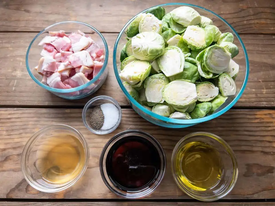 ingredients to make maple bacon Brussels sprouts