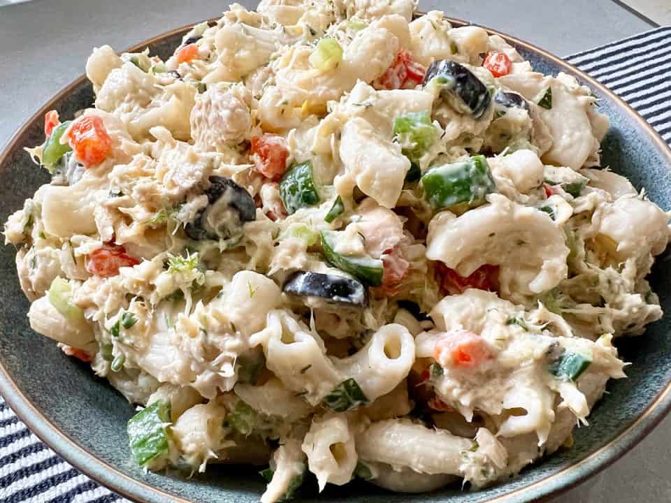 Mediterranean tuna salad mixed with elbow noodles