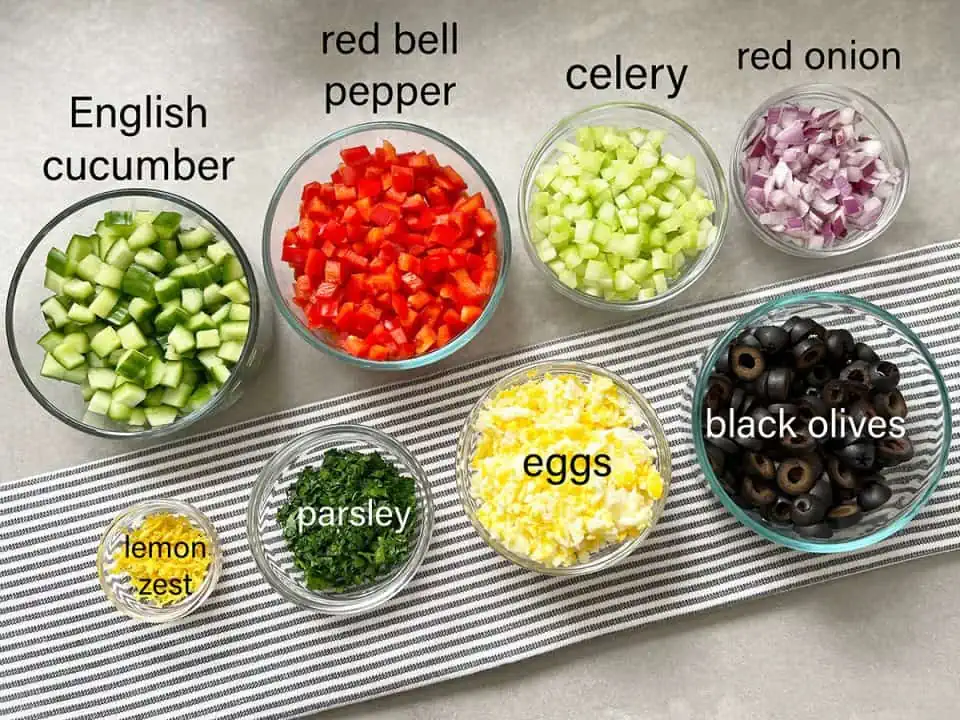 Ingredients to prep for Mediterranean tuna salad