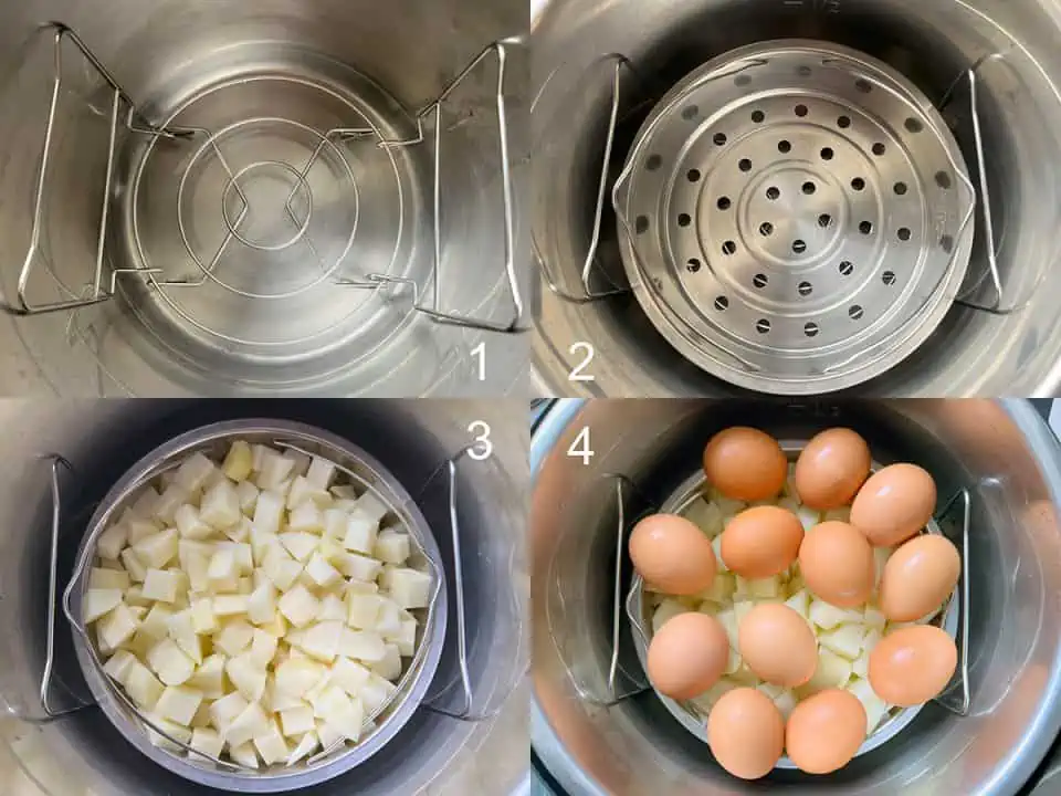 4-photo image showing adding trivet, water, steamer basket, potatoes, and eggs to an Instant Pot.