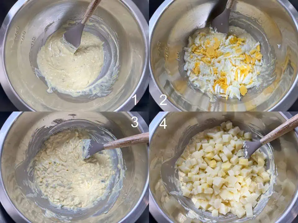 4-photo image showing steps adding potato salad ingredients to a large mixing bowl.
