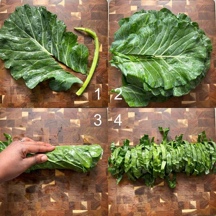 4-part image showing how to prepare collard green leaves.