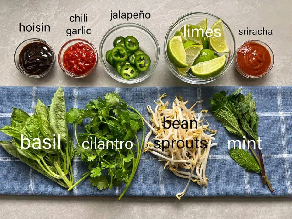 Ingredients for Instant Pot Pho on blue linen with gray background.