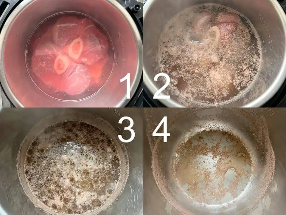 4-photo image showing stages of blanching beef shanks in an Instant Pot.