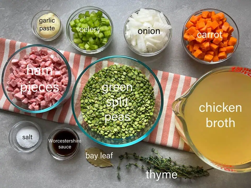 Ingredients for Instant Pot split pea soup.