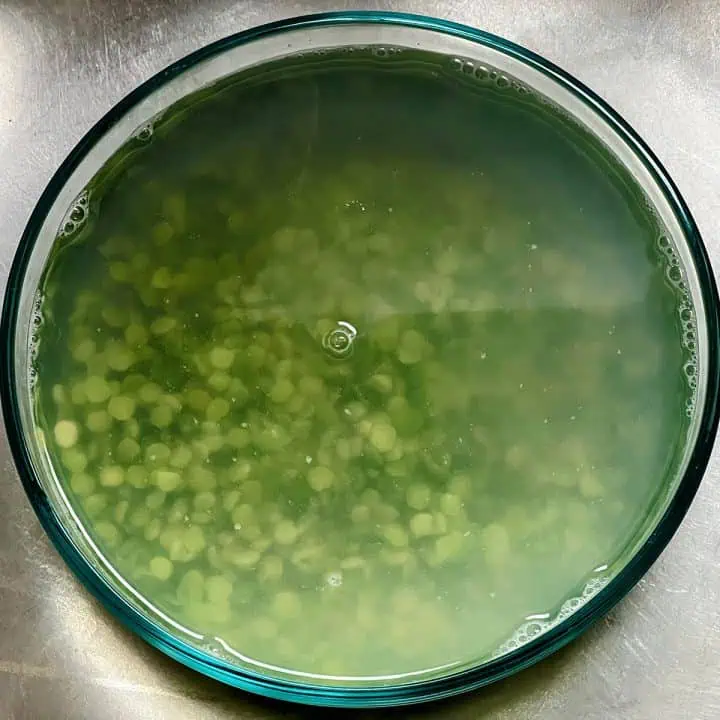 Dried split peas soaking in water in a glass bowl.