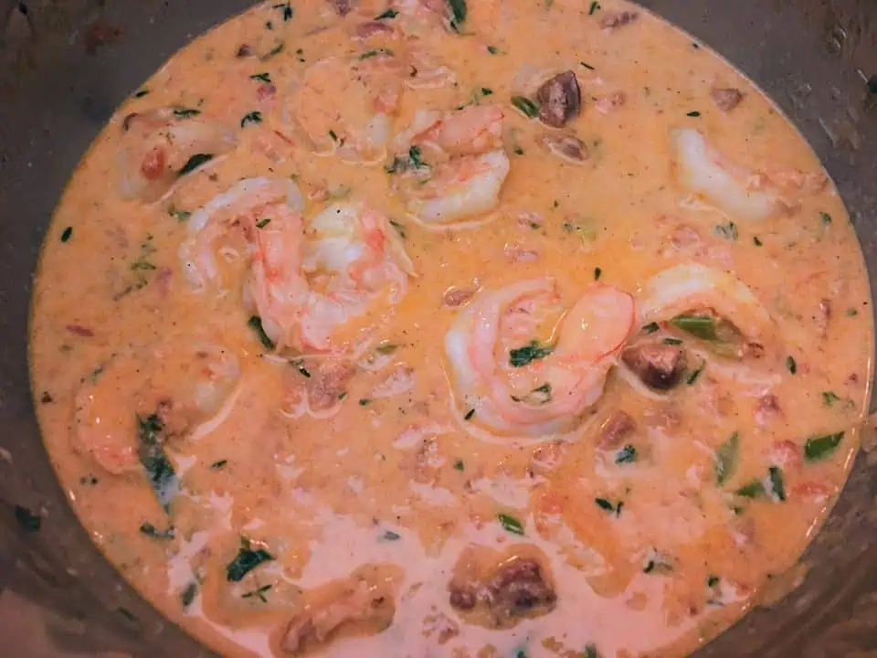 Shrimp and sausage in pink sauce with green onions.