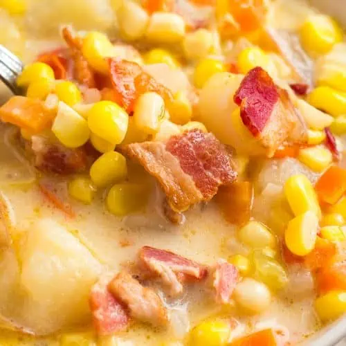 Instant Pot corn chowder closeup in white bowl.