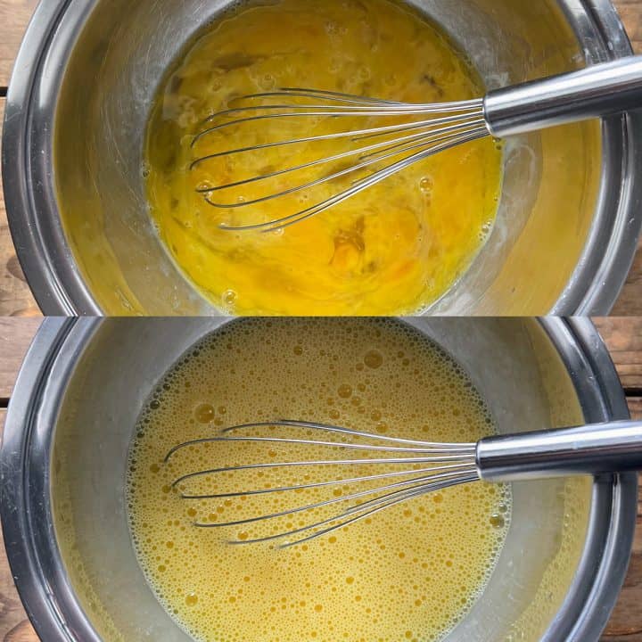 2-part image of eggs in mixing bowl. The top is barely mixed and the bottom is fully mixed with a whisk.