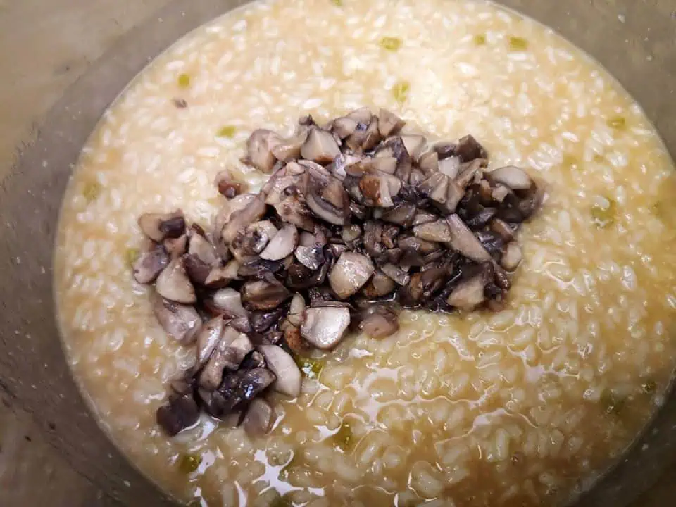 Cooked risotto in pot topped with mushrooms.