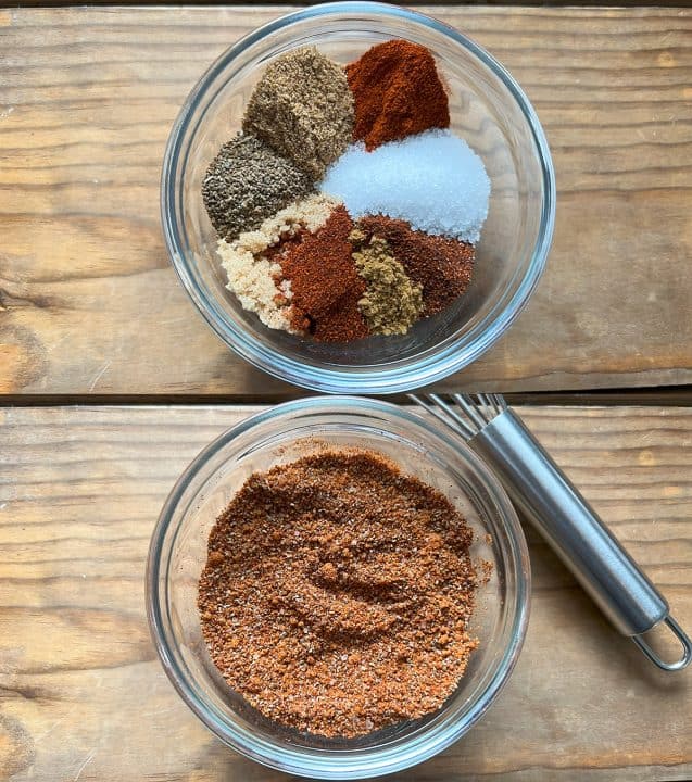 Two-part image of spices on wood table with a whisk on the bottom image.