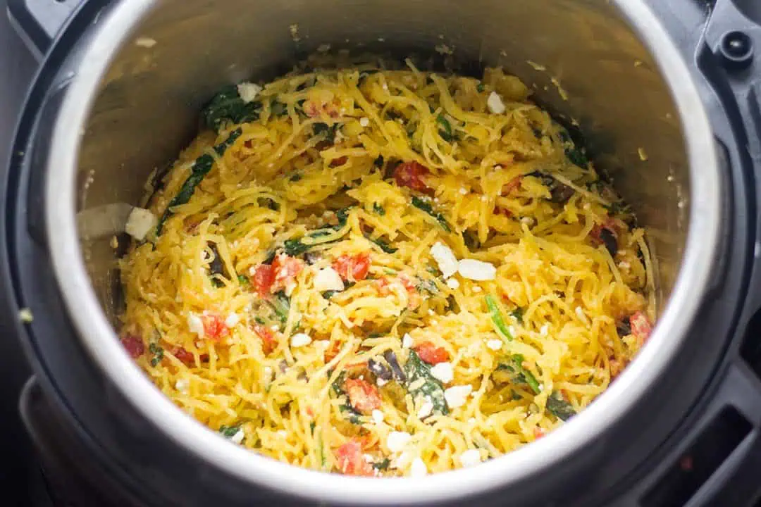 Greek-style spaghetti squash inside Instant Pot.