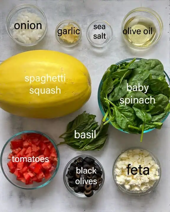 Ingredients for Greek-style spaghetti squash.