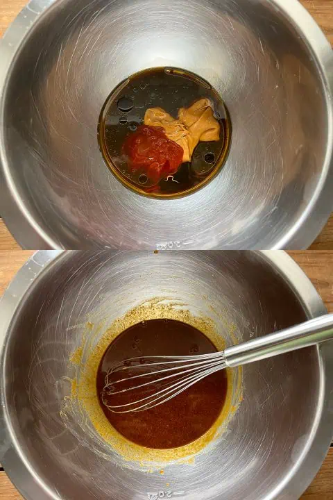 Two-part image showing ingredients for sauce in large mixing bowl on top, and whisked together on bottom.