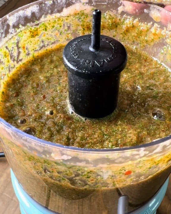 Sofrito inside food processor.