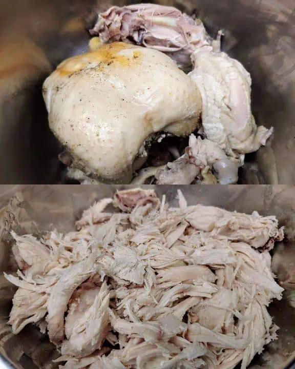 Two-part image: Top is whole chicken in large mixing bowl, bottom is chicken removed from bones into bite-size pieces.