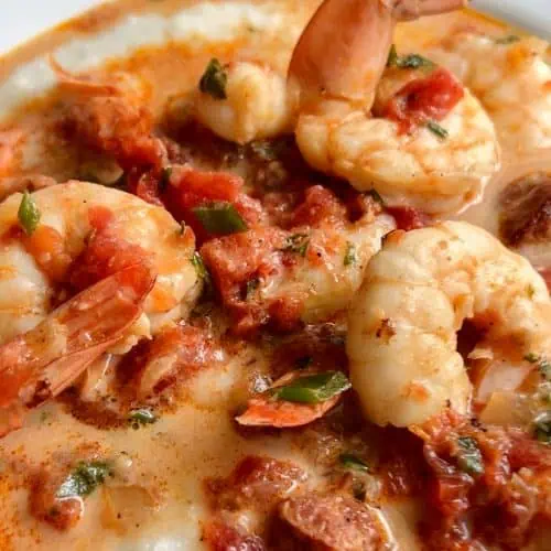Closeup of Instant Pot shrimp and grits in white bowl.