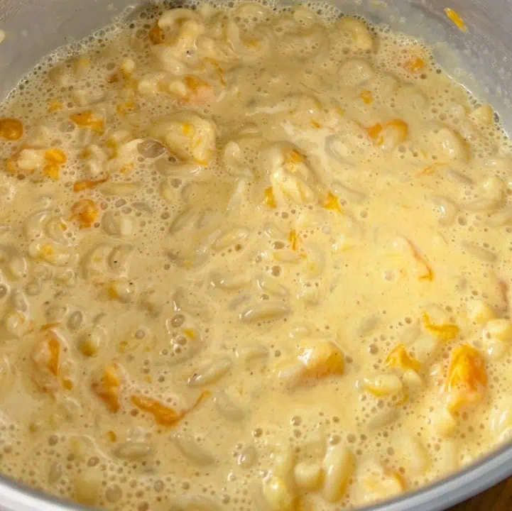 A pot filled with macaroni, cubes of cheddar cheese, and egg custard.