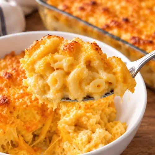 Creamy Southern baked mac and cheese with a golden cheese crust