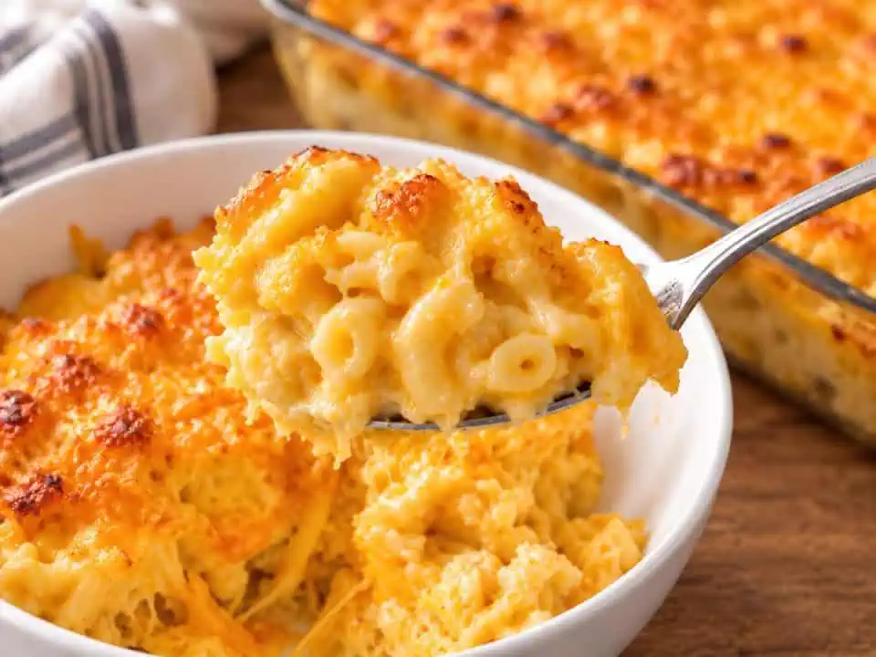 Creamy Southern baked mac and cheese with a golden cheese crust