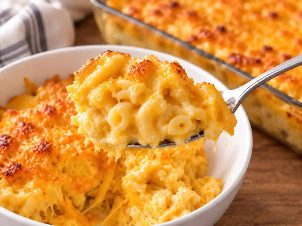 Creamy Southern baked mac and cheese with a golden cheese crust