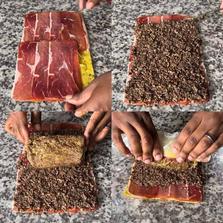 A four-part image showing the process of layering crepe, prosciutto, mushrooms, and beef for Beef Wellington.