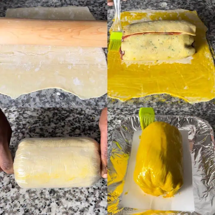 A four-part image showing puff pastry being rolled out, then wrapped as the outside layer of Beef Wellington.