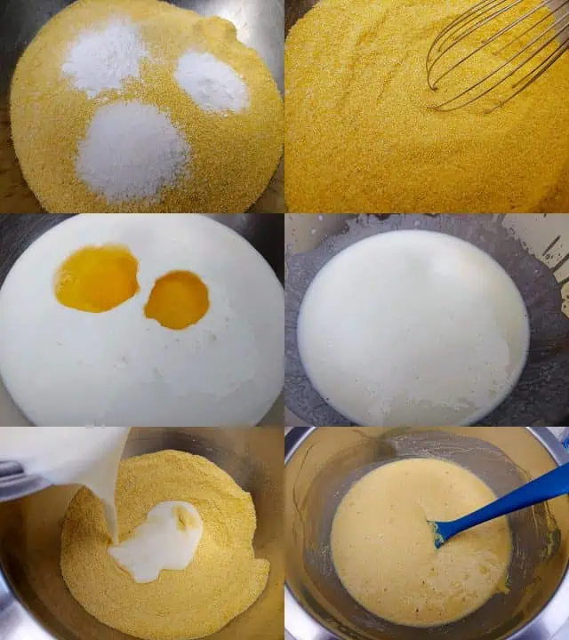 Six-part image showing the steps of making cornbread batter: mixing dry ingredients, wet ingredients, then combining them.