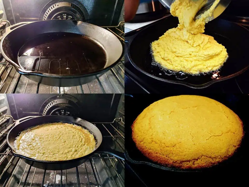 Four-part image showing the stages of pouring cornbread batter into a hot cast iron skillet sizzing with bacon fat.