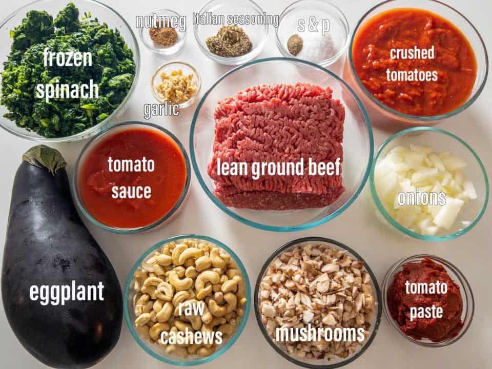 Ingredients for Whole30 lasagna on a white surface.