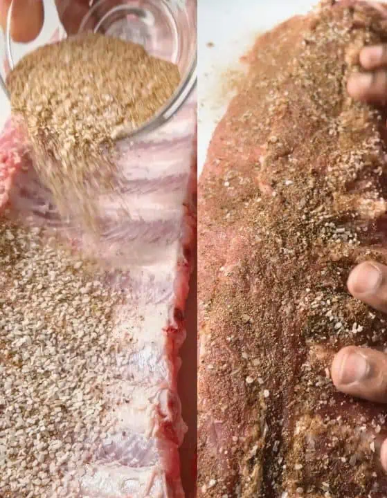 Two-part image showing baby back ribs being seasoned with spices, then rubbing those spices into the meat.