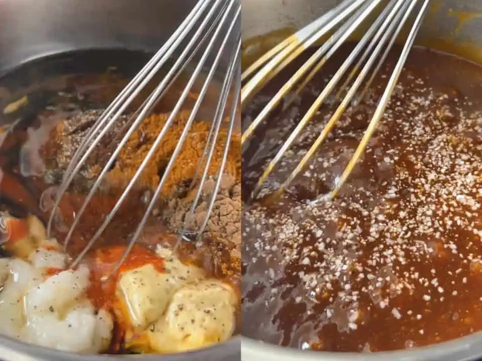 Two-part image showing barbecue sauce ingredients being whisked in a pot, then barbecue sauce sprinkled with salt being whisked.