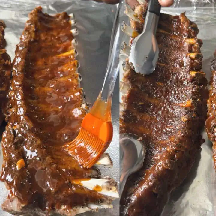 Two-part image showing ribs being brushed with sauce, then being flipped after broiling.