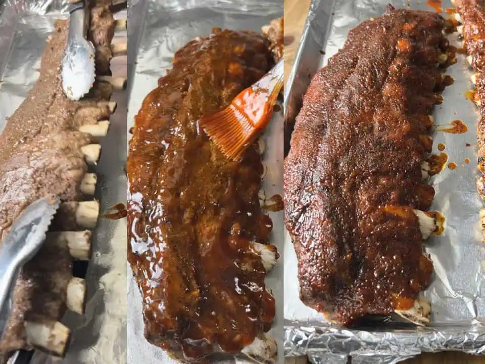 Three-part image showing ribs being flipped, then brushed with sauce, then after broiled.