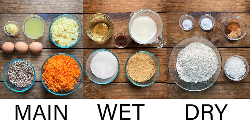Flat lay of ingredients grouped by main, wet, and dry sections in bowls on a wooden table