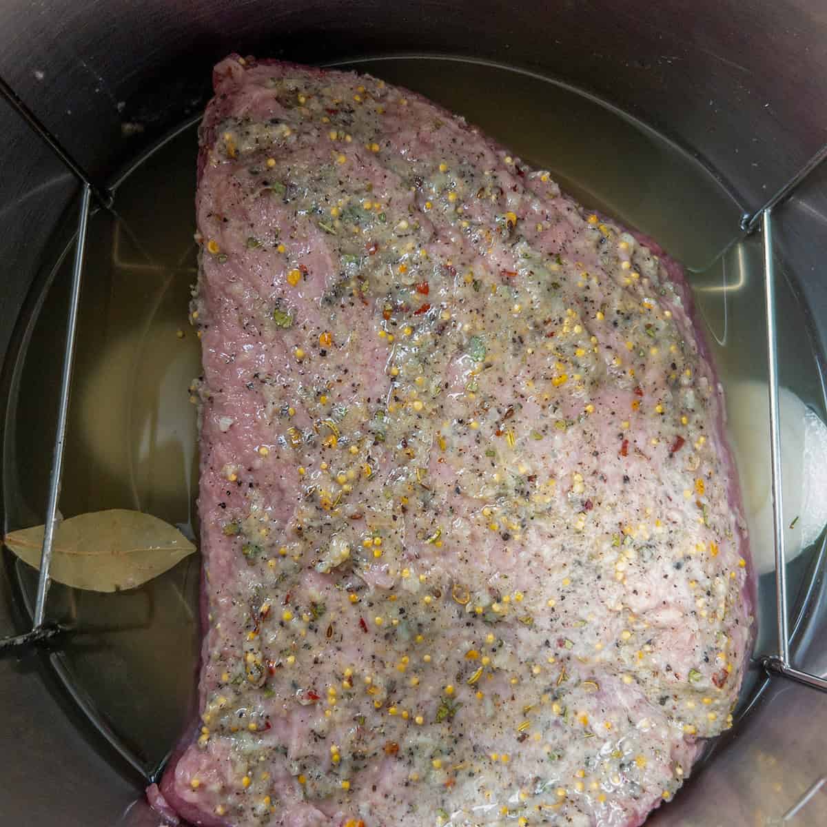 Seasoned corned beef brisket resting on the trivet in the Instant Pot.