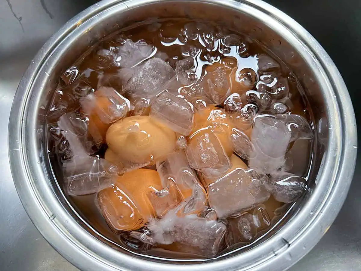 Hard-boiled eggs in an ice bath after cooking in the Instant Pot for potato salad.