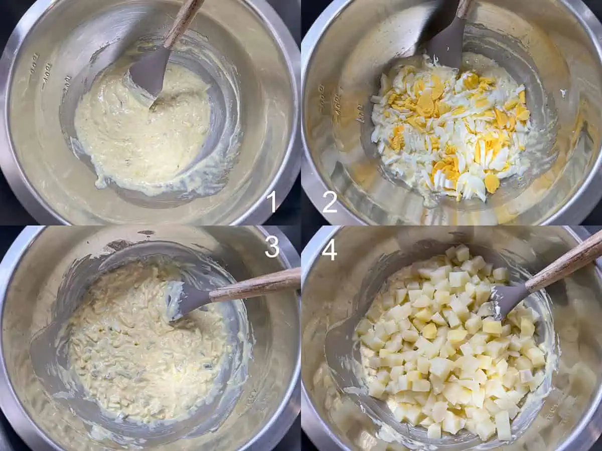 Four-step collage showing dressing, chopped eggs, sweet salad cubes, and potatoes being mixed for Instant Pot potato salad.