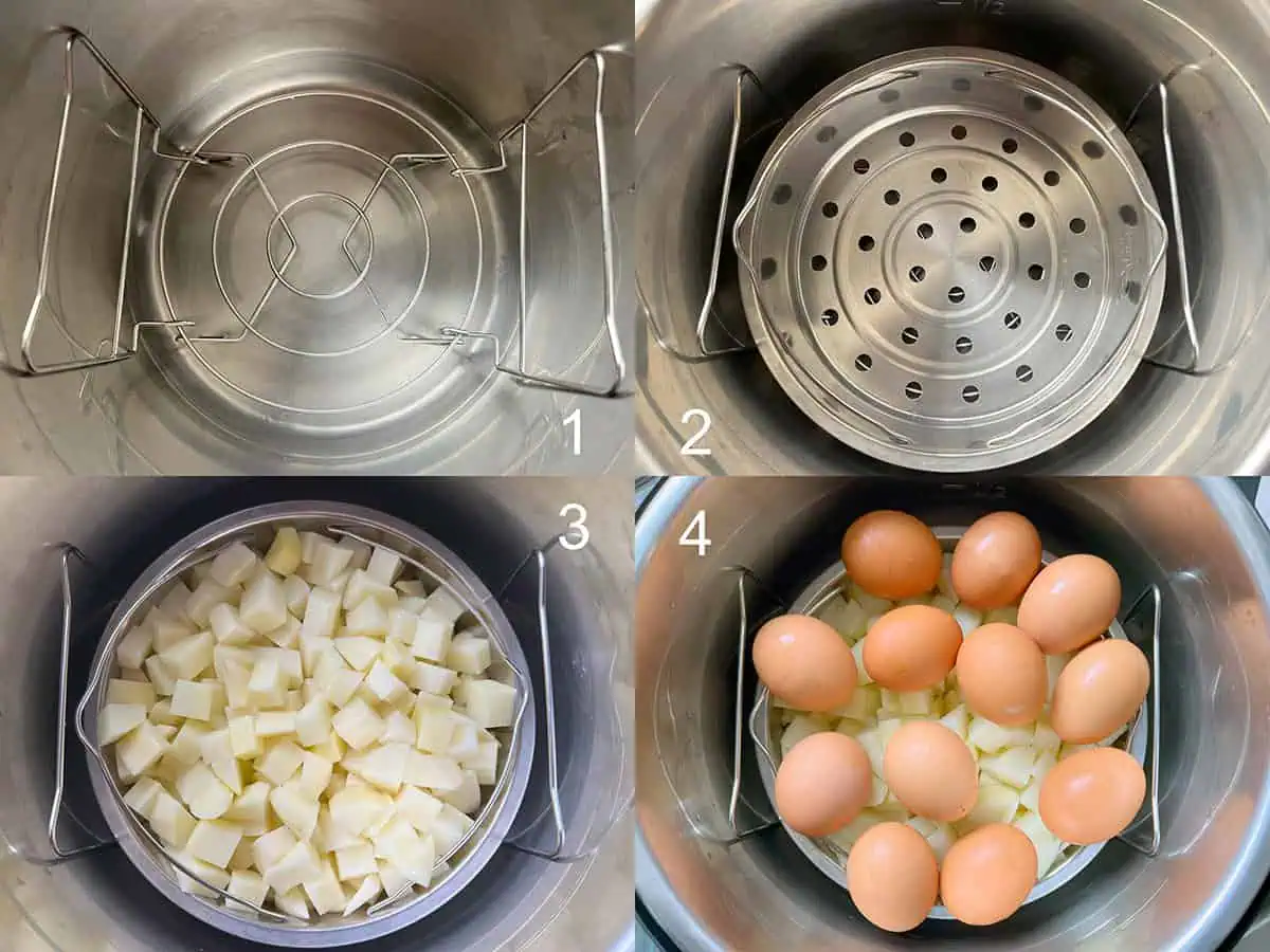 Four-step collage showing trivet, steamer basket, diced potatoes, and eggs layered in the Instant Pot for potato salad.