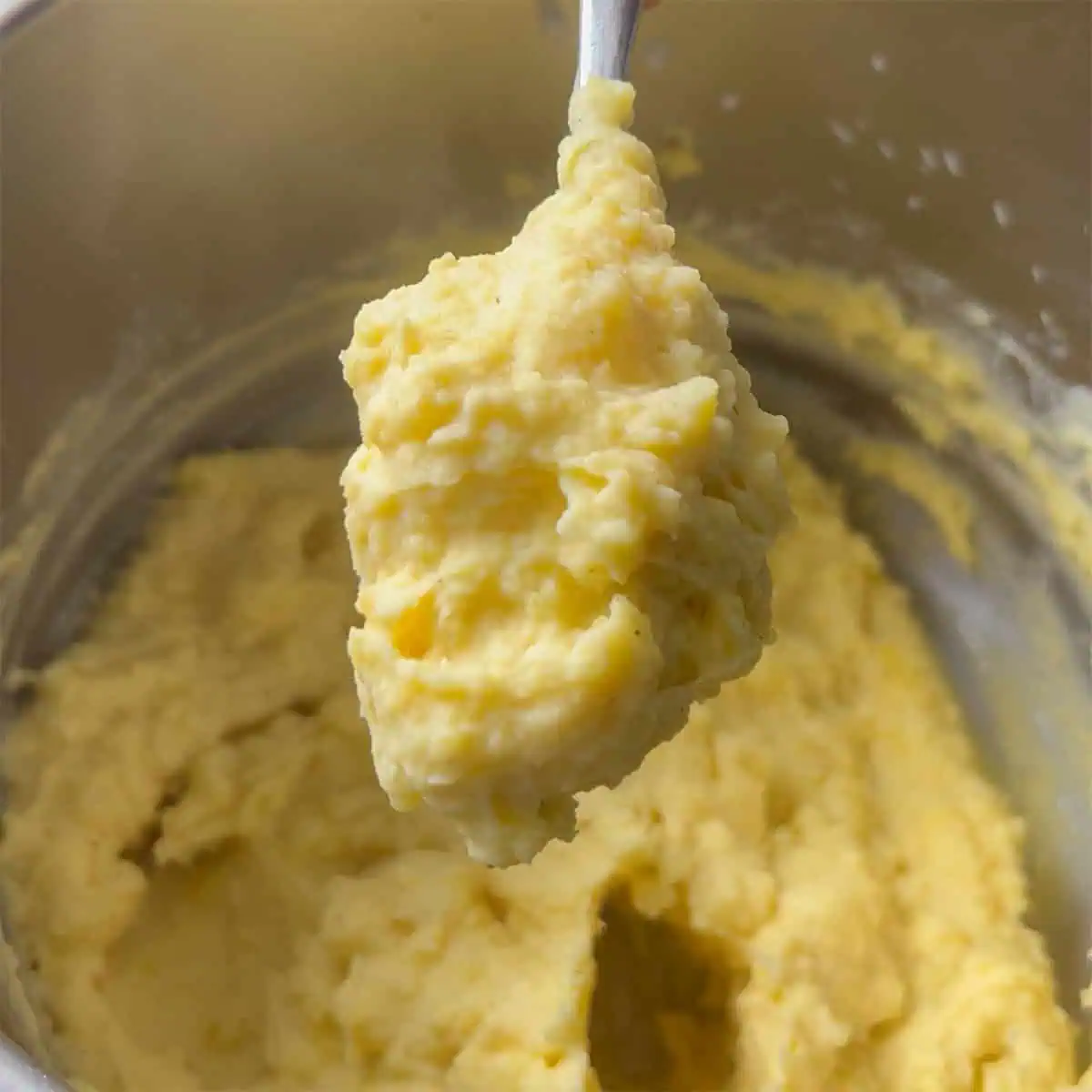 Close-up of mashed potatoes on a spoon showing creamy texture