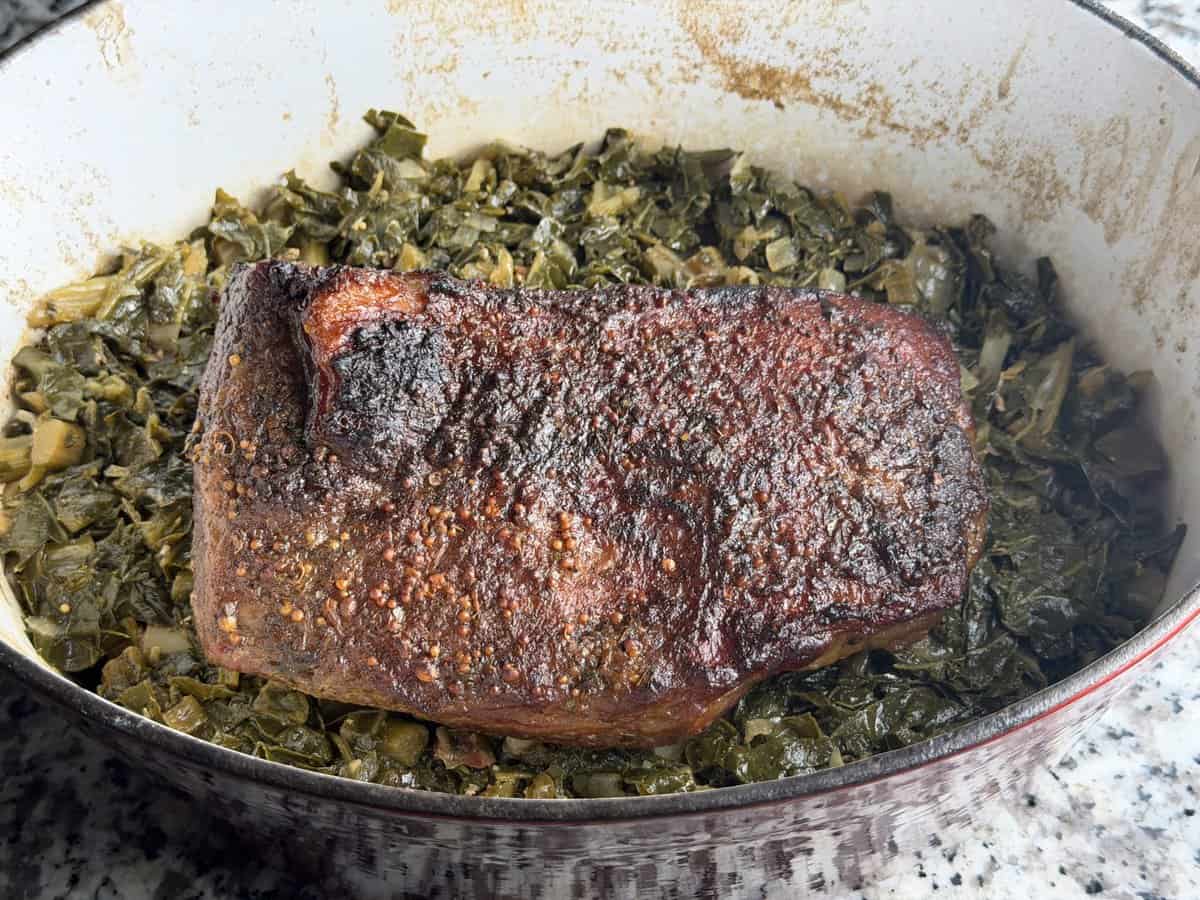 Close up of crusty seasoned corned beef brisket after roasting.