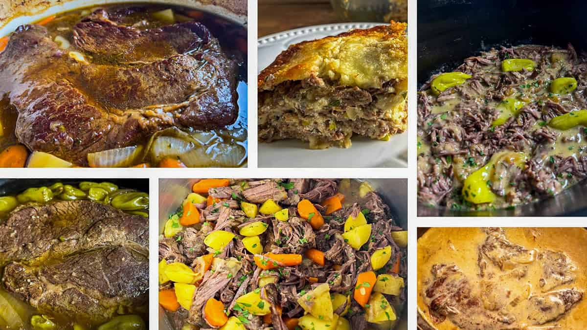 Collage of six pot roast dishes including oven pot roast, pot roast lasagna, creamy Mississippi-style pot roast, classic Mississippi pot roast, Instant Pot pot roast, and Crock Pot pot roast with cream of mushroom gravy