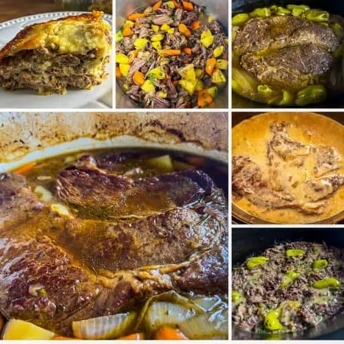 Square collage of six pot roast dishes including oven pot roast, pot roast lasagna, creamy Mississippi-style pot roast, classic Mississippi pot roast, Instant Pot pot roast, and Crock Pot pot roast with cream of mushroom gravy