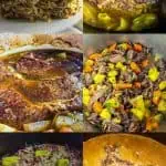 Vertical collage of six pot roast dishes including oven pot roast, pot roast lasagna, creamy Mississippi-style pot roast, classic Mississippi pot roast, Instant Pot pot roast, and Crock Pot pot roast with cream of mushroom gravy